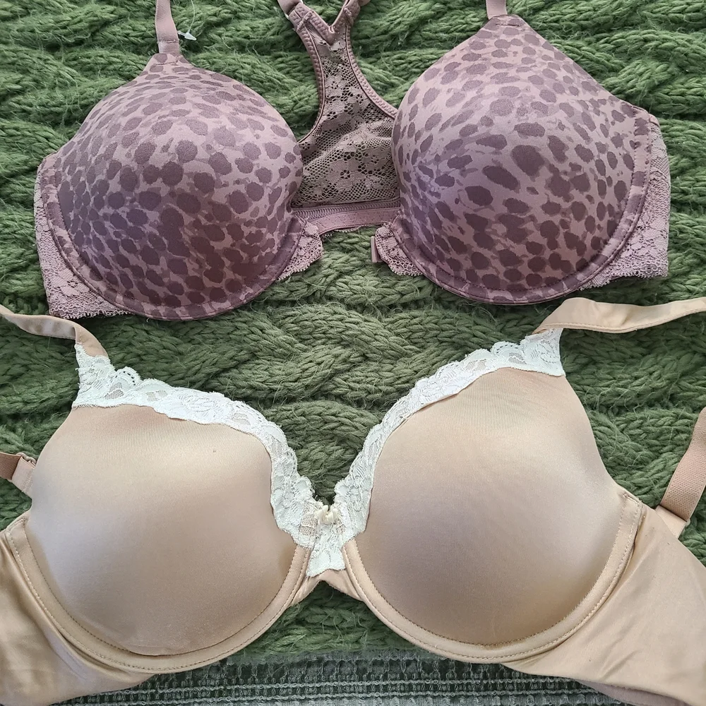Women's Lace Trim Bra Set - Cocoa Colored Leopard and Cream & Nude Underwire 36C - Picture 1 of 5